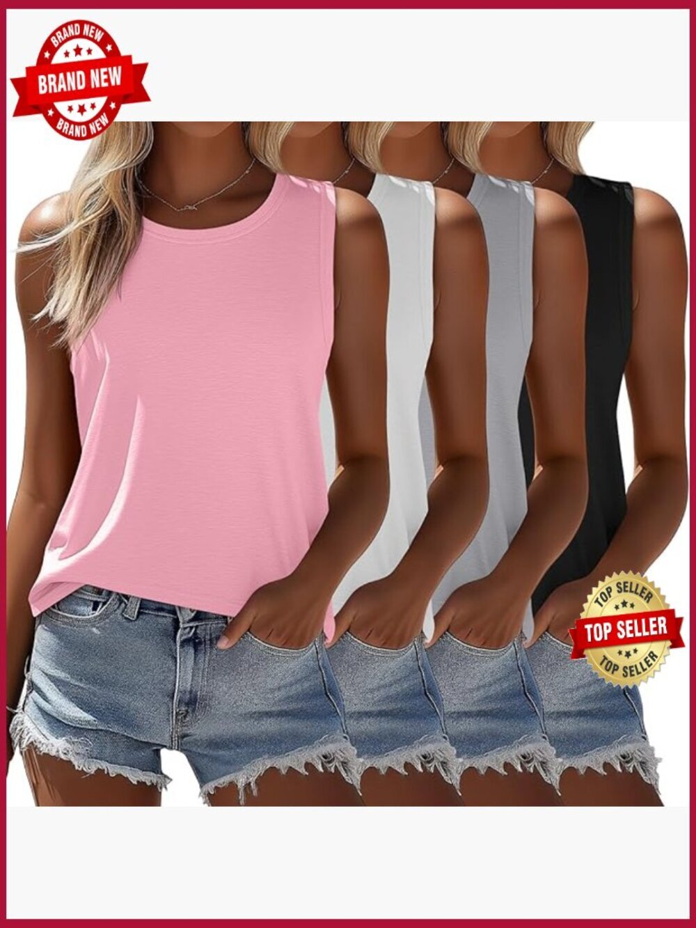 4 Pack Sleeveless Tunic Tanks Loose Fit Crew Neck Summer Tops